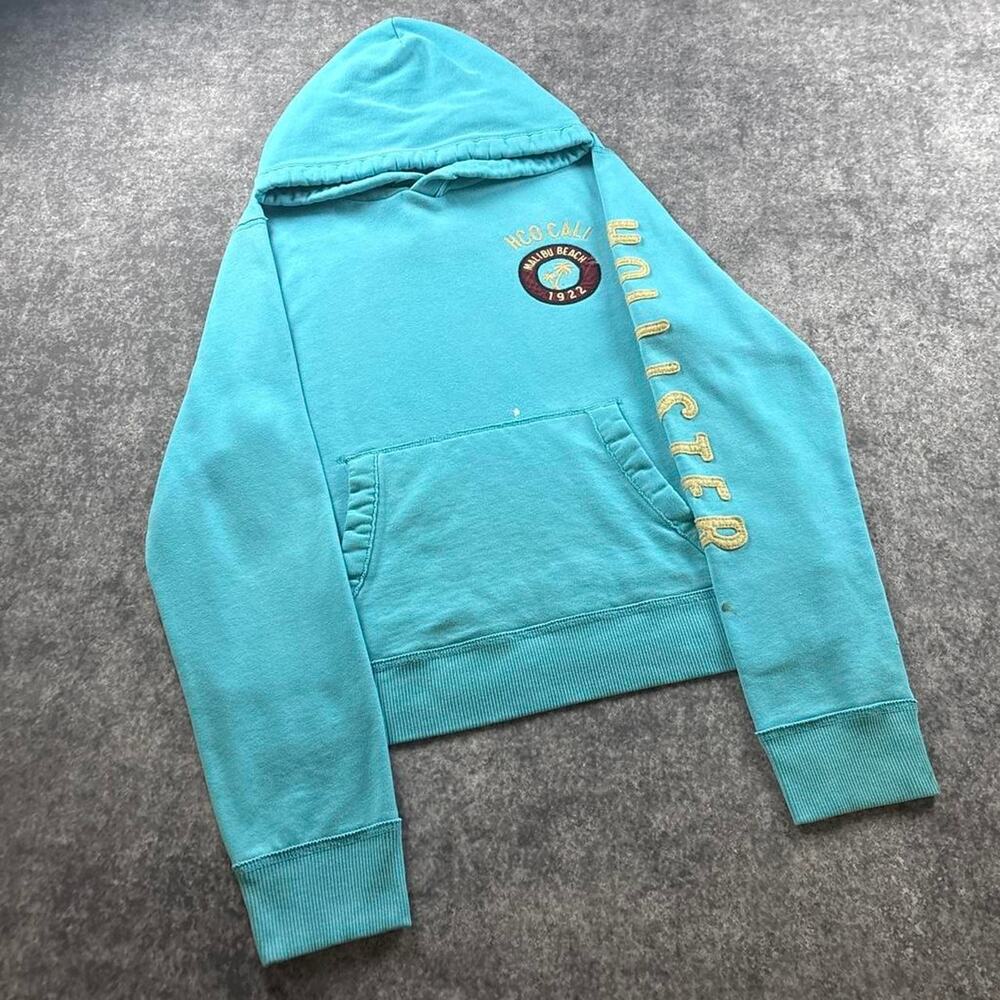 Vintage Y2K Hollister Women’s XL Turquoise Malibu Beach Embroidered Hoodie